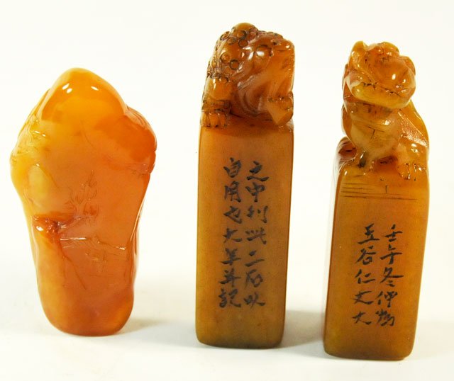 3 Chinese Tianhuang soapstone seals: Approx. 3" H. From a California Professor.