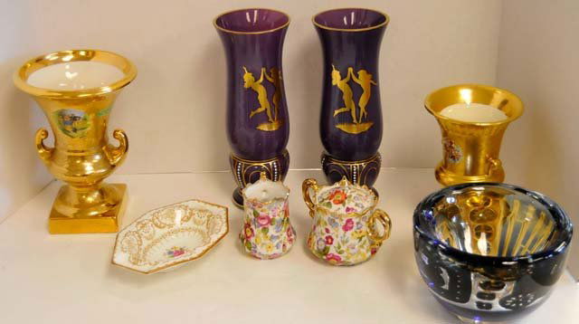 Group lot of glass & pottery: Pair lavender glass vases, 2 gold decorated vases, Lefton China creamer & sugar bowl ,nut dish & Orrefors bowl (cracked).