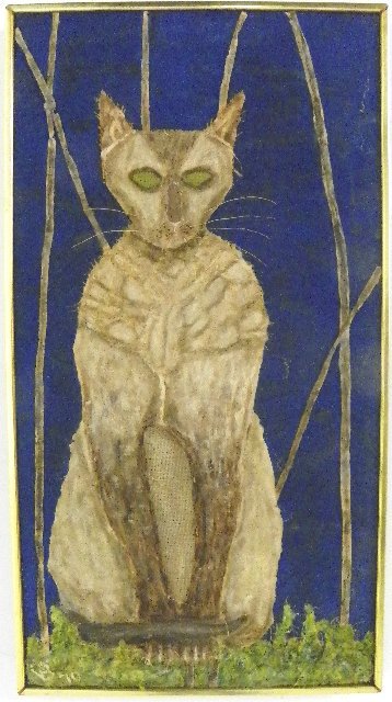 Virginia E. Bailey mixed media signed VB 70: "Siamese Cat 1970", on canvas, listed in CLARA database of women artist, unframed. Approx. 20" x 37".