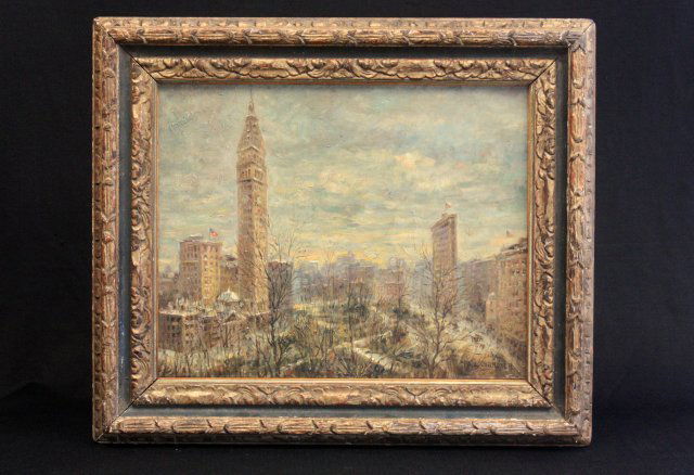 Oil painting signed Paul Cornoyer: "New York City Scene". Late 19th/Early 20th c. Signed lower left Paul Cornoyer; American artist known for his impressionist style paintings & many scenes of NYC.; 1864-1923; over 100 works of his art