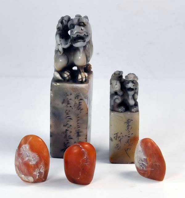 5 Chinese soapstone seals: Approx. 4.25" H, 2.5" H & 1.25" H.