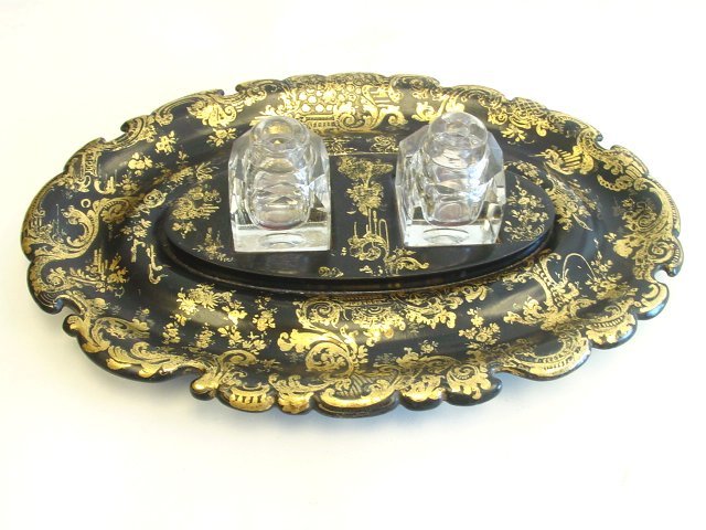 Papier mache inkwell: Covers to inkwells missing. Approx. 15" x 10"
