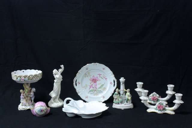 Group lot of 8 pieces porcelain: Including: Pair candleholders (1 as is), figural compote, candy dish, ashtray, Bavarian cookie dish with 2 handles, classical "Female Playing Tambourines" (minor loss to dress". Assorted sizes, 8 piec