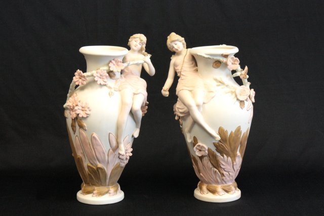 Pair Royal Dux style figural vases: Approx. 14" H.