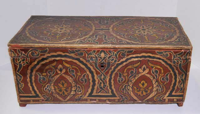 Old polychromed wood Indian box: Approx. 23.5" W x 9" H x 10.75" D.