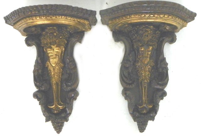 Pair wood carved figural wall brackets: Approx. 24" H x 18" W