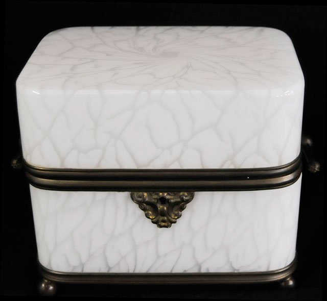 Great French opaline glass & bronze large box: Approx. 6" W x 5" H x 4.25" D.