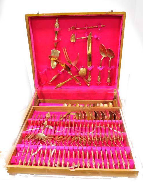 Silverware set - service for 12: Including: 12 forks, 12 knives, 12 soups, 23 cake/salad forks, 12 teaspoons, 9 demitasse spoons, 6 butter knives & 11 serving pieces.