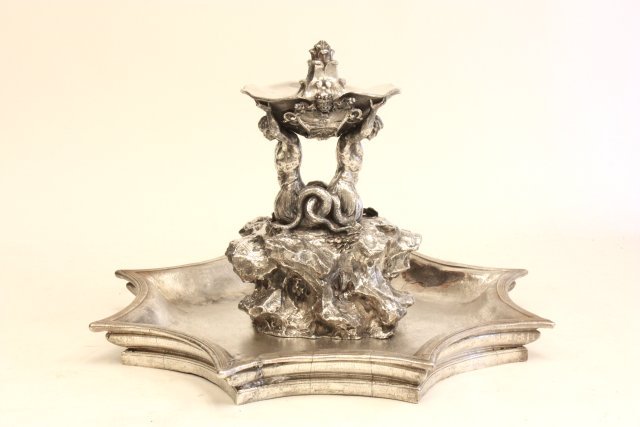 Silver figural "Mythological" grouping: Top tested positive for silver. Approx. 112 oz, 3496 grams. Possibly Italian, centered & attached to a copper & silver plated fountain. Approx. 12" H x 8"