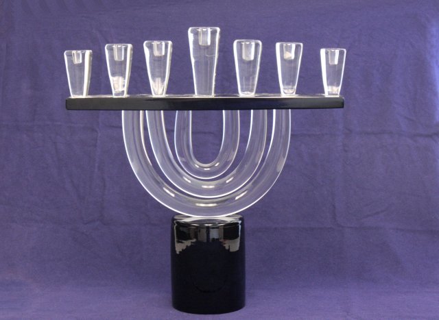 Alfonse Rossi Murano glass menorah: Blue cut to clear. Approx. 16.75" x 16".