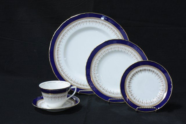 Royal Worcester partial dinnerware set: Regency pattern, 28 pieces in total. Including: 8 dinner plates, 8 luncheon plates, 4 cake plates, 7 saucers & 4 cups. From a Sutton Place, NYC estate.