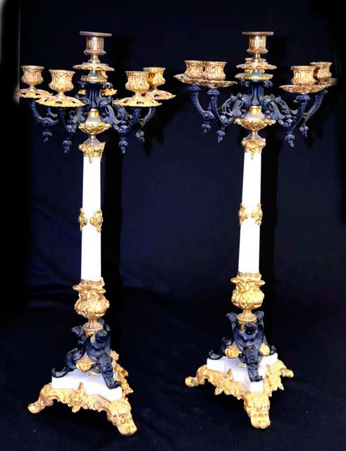 Pair Rococo dore & bronze candelabrum: Figural, with marble columns, retaining center cupola bobeches. Approx. 26.5" H