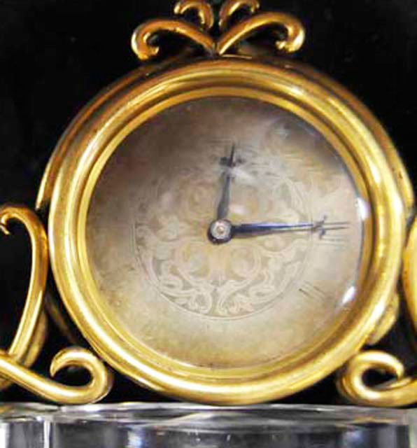 Unusual German miniature glass & bronze clock: 19th - early 20th c. Approx. 5" W x 4" H.