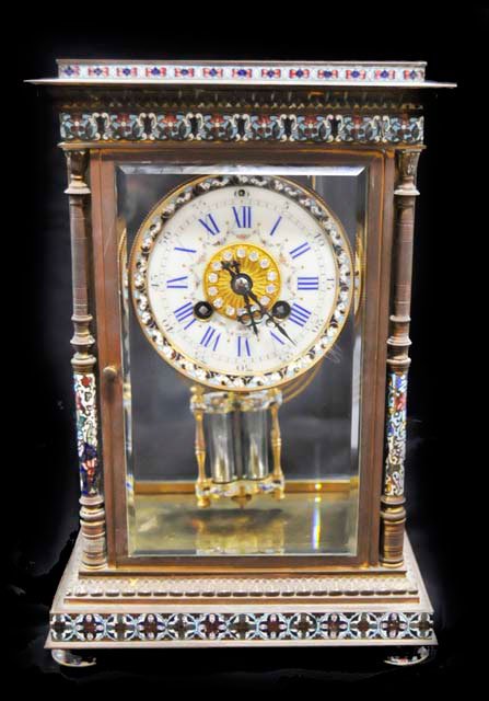 Enamel & crystal French clock: 19th - early 20th c. With enamel pendulum & rhinestones on face. Approx. 12" H x 6.5" W