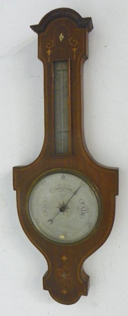 19th c. Edwardian English barometer: Mother of pearl, satinwood inlaid. From a 60 year collection from a North Plainfield, NJ mansion.