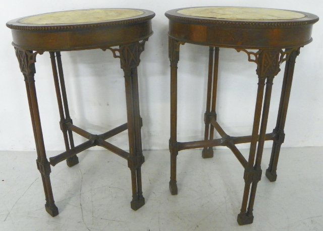 Pair Chippendale style mahogany tables: Ca. 1930's, with faux marble top. Approx. 27" x 19".