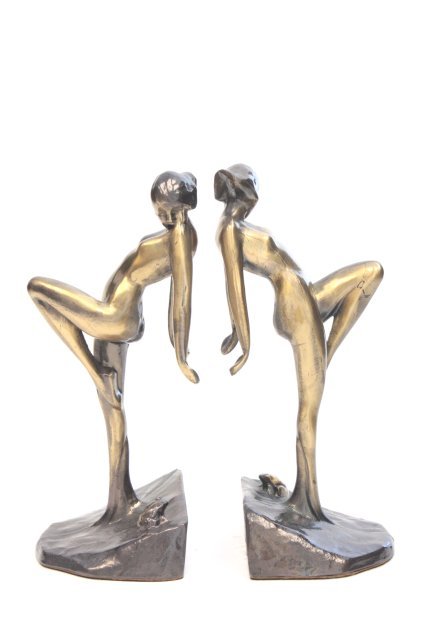 Pair Art Deco style metal bookends: Signed Frankart by Sasparilla. Approx. 9.5" H "Nude Woman with Frog". From an estate located at 860 5th Ave. NYC.