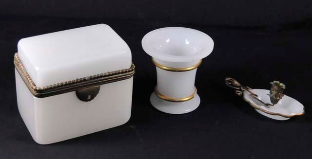Lot of 3 opaline glass pieces: Including: 1- Rectangular box, approx. 4.5" x 5" x 3". 1- Vase, approx. 3.75" H. 1- Glass candle holder. From Sutton Place, NYC estate.