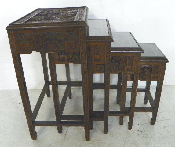 Nest of 4 Chinese carved teakwood tables: Approx. 26" x 20"