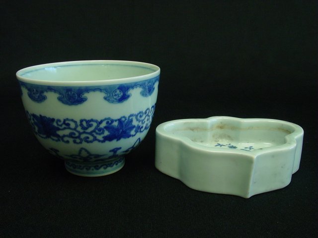 Group lot of 2 pieces Chinese porcelain: 1- Porcelain blue & white bowl, with Kangxi mark, approx. 3.25" H x 4.5" W. 1- Brush washer with "Fish" design, approx. 5" W x 3.75".