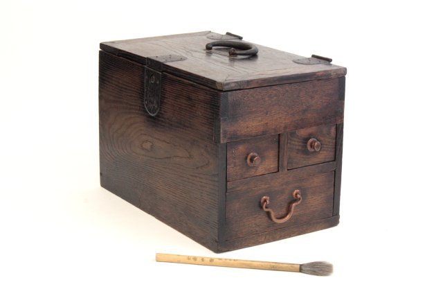 Calligraphy box with brush: Approx. 11.75" D x 8" H x 6.75" W.