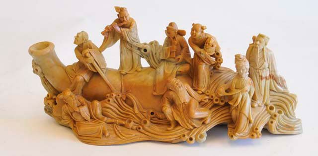 Antique Chinese finely carved soapstone: Depicting "8 Elders". Approx. 6.5" x 13".