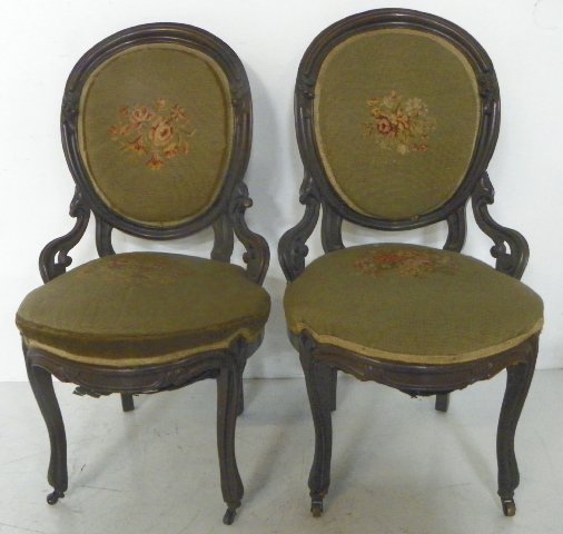 Pair needlepoint Victorian slipper chairs: Pair needlepoint Victorian slipper chairs. From a 60 year collection from a North Plainfield, NJ mansion.
