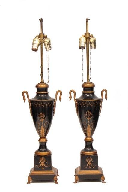 Pair old Tole decorated lamps with Swan motif: Pair old Tole decorated lamps with Swan motif