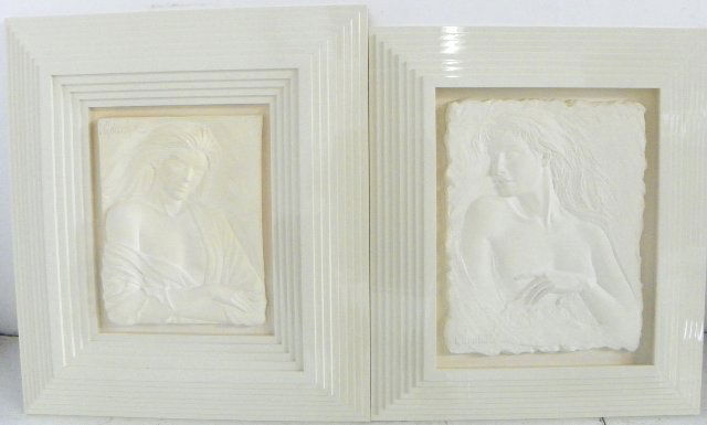 Two framed reliefs by Bill Mack with book: 1-14" H x 11" W "Elegance". 1-16" x 13" "Dreams". From an estate located at 860 5th ave. NYC.