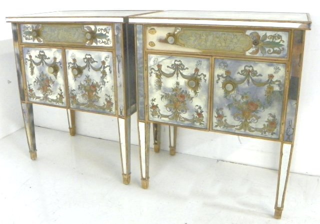 Pair decorated mirrored 2 door side tables: Ca 1940. Losses.