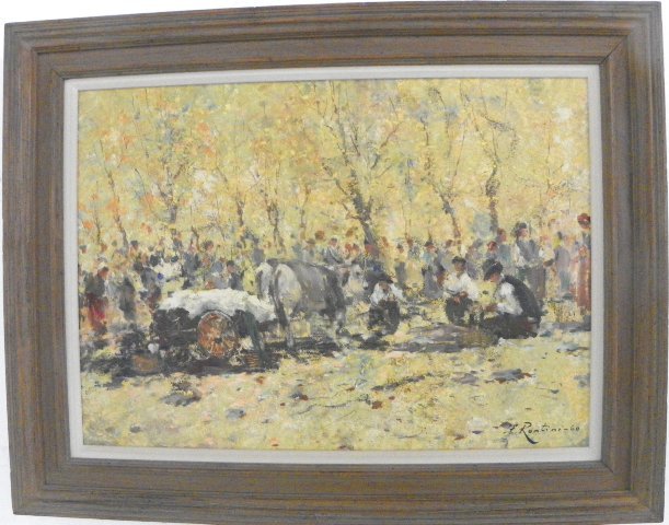 Oil painting "Village Scene" signed F. Rontini: Signed & dated lower right (1893-1964). Approx. 19" W x 27" H.