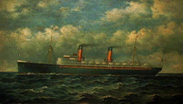 Oil painting by Antonio Jacobsen "Steamboat": On board, framed, signed lower right Antonio Jacobsen 1850 - 1921 American.Artist was born in Copenhagen, arrived in the U.S. in 1873. He settled in N.J. very prolific & well known Marine artist whose