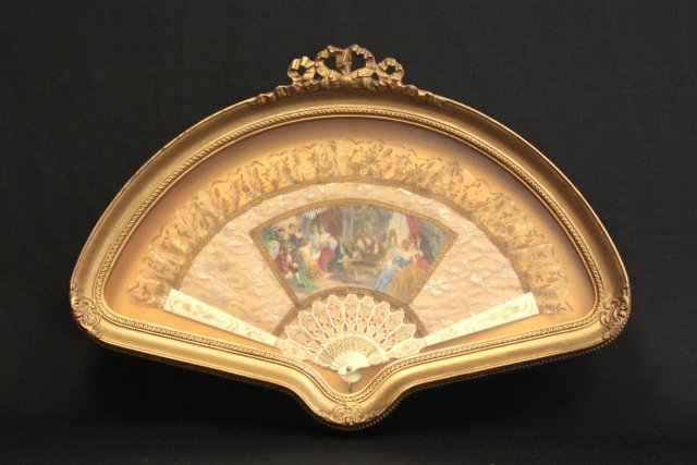 Fine bone fan signed & painted: In carved shadow box frame. Approx. 23" W x 16" H