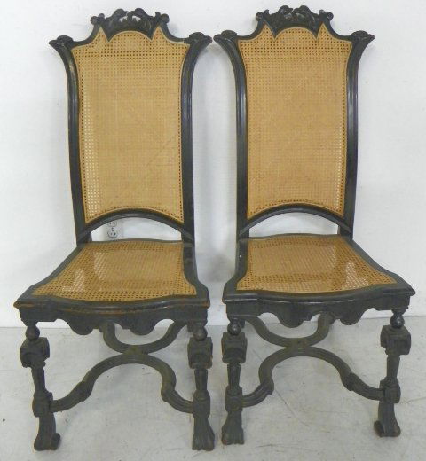 Pair carved highback chairs ca 1900's: Hand caned seat & back.