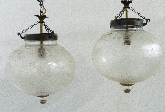 Pair French etched crystal ball light fixtures: Ball approx. 12" x 12", 17" H to mount.