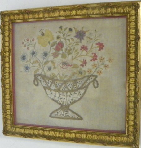 English stumpwork hand work of a centerpiece: In gold leaf frame. Approx. 17" H x 18".