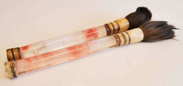 2 Chinese volcano glass, bone calligraphy brushes: Approx. 18" & 19".