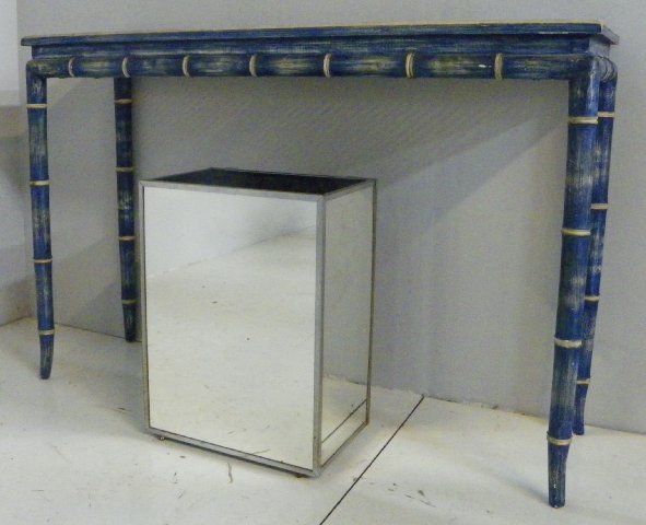 Moderne cane top faux bamboo sofa table: Table is blue & gold, approx. 13.5" x 42" x 32" H. And mirrored waste basket, approx. 20" x 15" x 10". From an East End Ave, NYC estate. Please read our terms of sale.