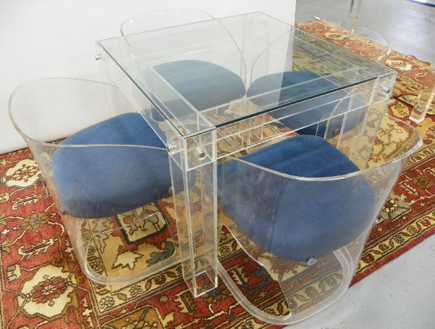Lucite moderne card table with 4 matching chairs: Lucite "Tub" chairs with blue upholstered seats. Chair approx. 28" H (back), seat 18", table 34" x 29.5" H. From an East End Ave, NYC estate. Please read our terms of sale.