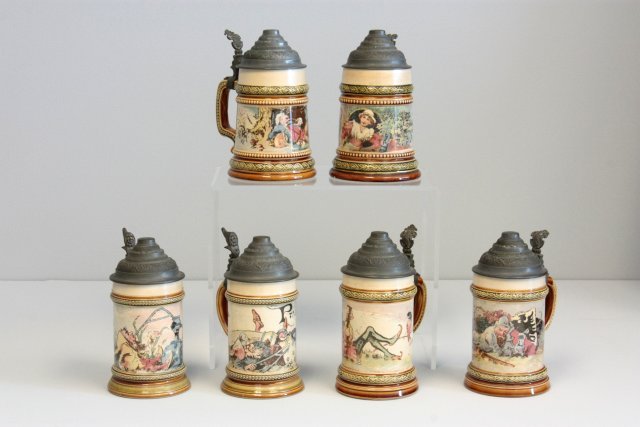 Lot of 6 Mettlach steins: #2177,#2179, #2181. All approx. 7" H. Please read our terms of sale.