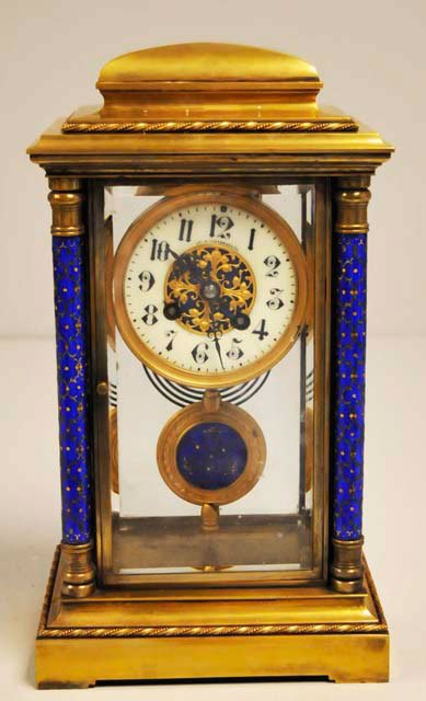 French crystal regulator clock with enameling: With enameled pendulum. Approx. 13.75" H. Please read our terms of sale.