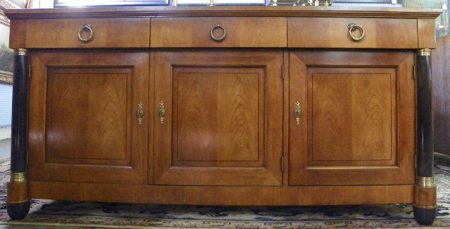 Baker 3 door 3 drawer Regency style server: With black & gold highlights, banded top, mid century Approx. 32.5" H x 66" W x 19" D. From a Ft. Lee, NJ estate. Please read our terms of sale.