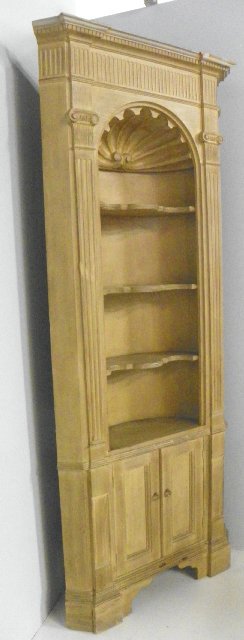Shell carved mid century corner cabinet: Distressed wood . Approx. 29" W x 81.5" H x 11" D. From a Ft. Lee, NJ estate. Please read our terms of sale.