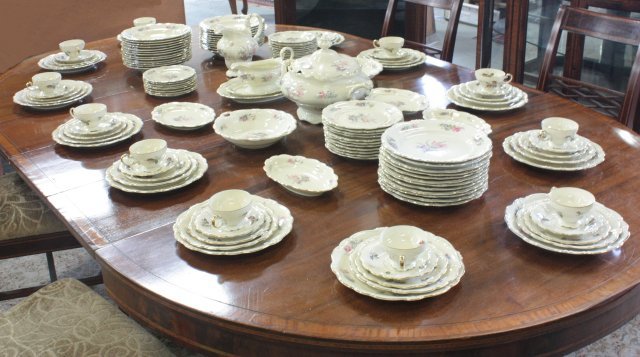 Rosenthal "Pompadour" pattern dinnerware: 141 piece set. Some chips. 25-10" diam. dinner plates, 2-9" diam. handled vegetable bowls, 2-7" x 9.25" oval serving platters, 2-6" x 9" oval serving dishes, 1-8.5" x 8" pitcher, 1-10.5" x 14" 2 pc. s