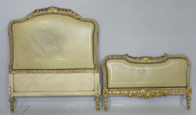 Pair French twin size headboards & footboards: Upholstered with paint decorated frames & gilt. Please read our terms of sale.