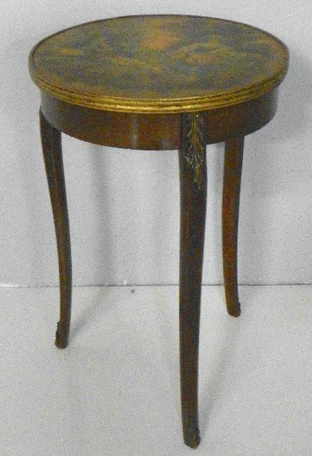 Vernis Martin taboret table: With bronze mounts. Approx. 20" H x 12.75" Diam. Please read our terms of sale.