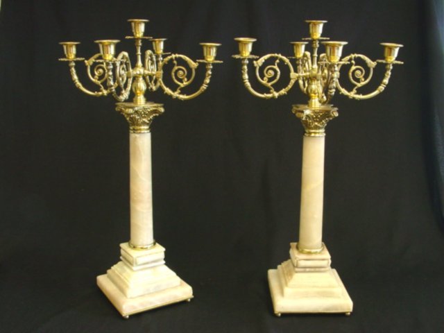 Pair alabaster & brass 5 light candelabrum: Approx 10.25" H x 13" Diam. Please read our terms of sale.