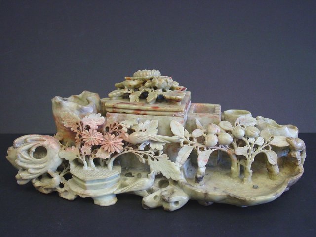 Soapstone sculpture: Depicting "Flowers, Birds & Peaches" with wood carved box. Please read our terms of sale.