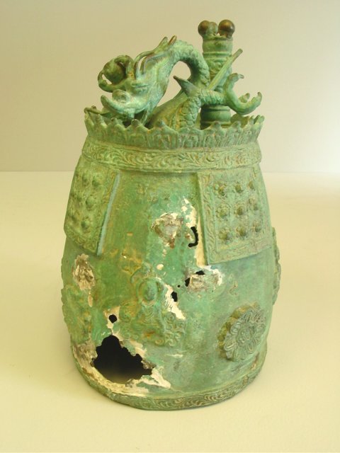 Antique Korean bronze temple bell: Figural with dragon atop. As is. Please read our terms of sale.