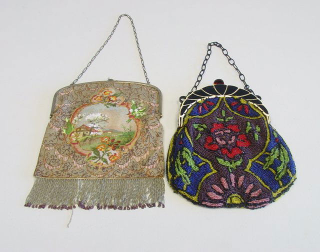 Lot 2 Antique beaded bags 1 w/sterling frame: 1-Micro beaded purse with etched sterling frame and braided fringe on bottom. Marked on the inside of the frame. Beading on purse depicts a pastoral scene. Approx. 7" x 7.25" without fringe. 1-Beaded